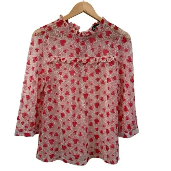 Fairy Heart Ruffle Mock Neck Sheer Mesh Lace Top Sz XL Cottage Prairie Romantic - Picture 3 of 12